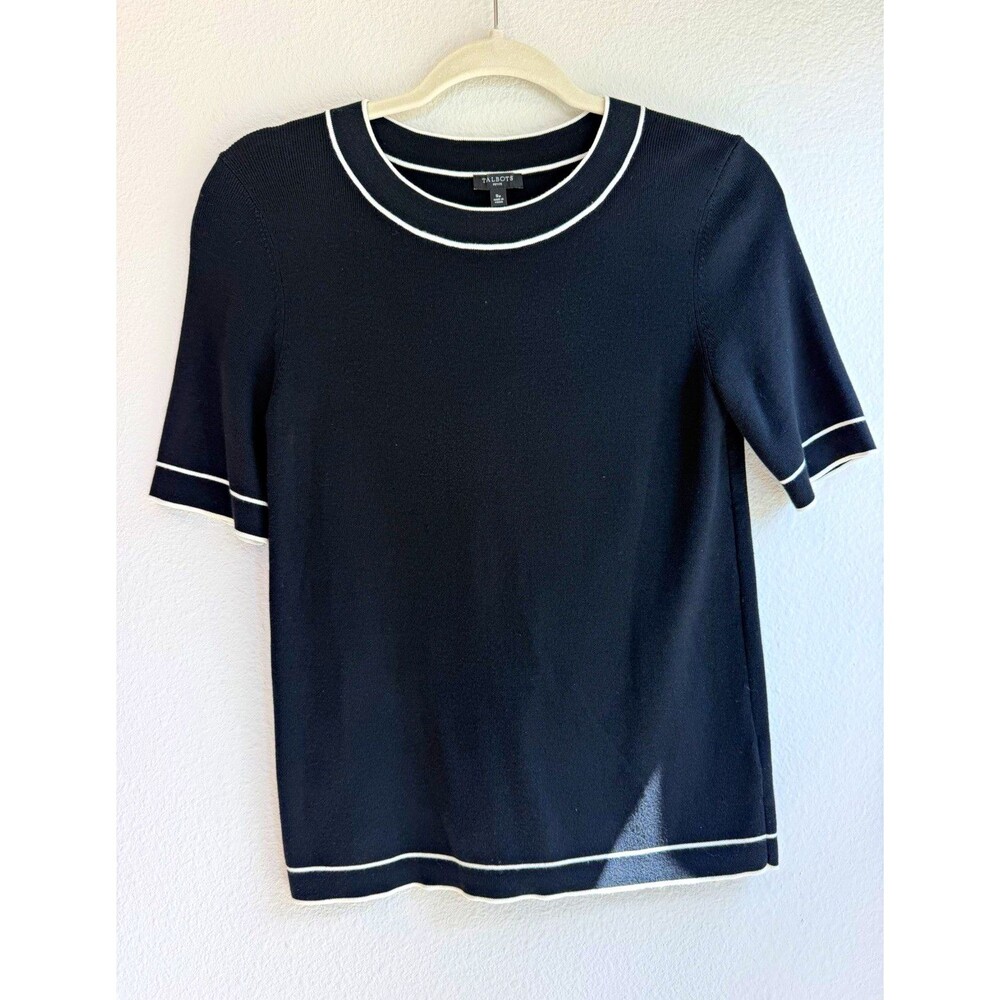 Talbots Women's Petite PS Black Knit Round Neck Short Sleeve Contrast Trim Top
